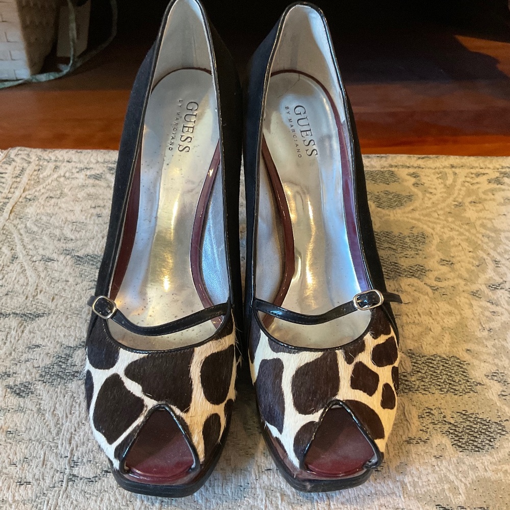 SALE Guess Black Suede Platform Heels with Animal Print Fur Accent Size 9 1/2
